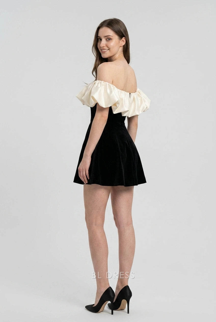 Elegant A-Line Off-Shoulder Ruffled Contrast Velvet Black Cream Mini Homecoming Dresses Women's
