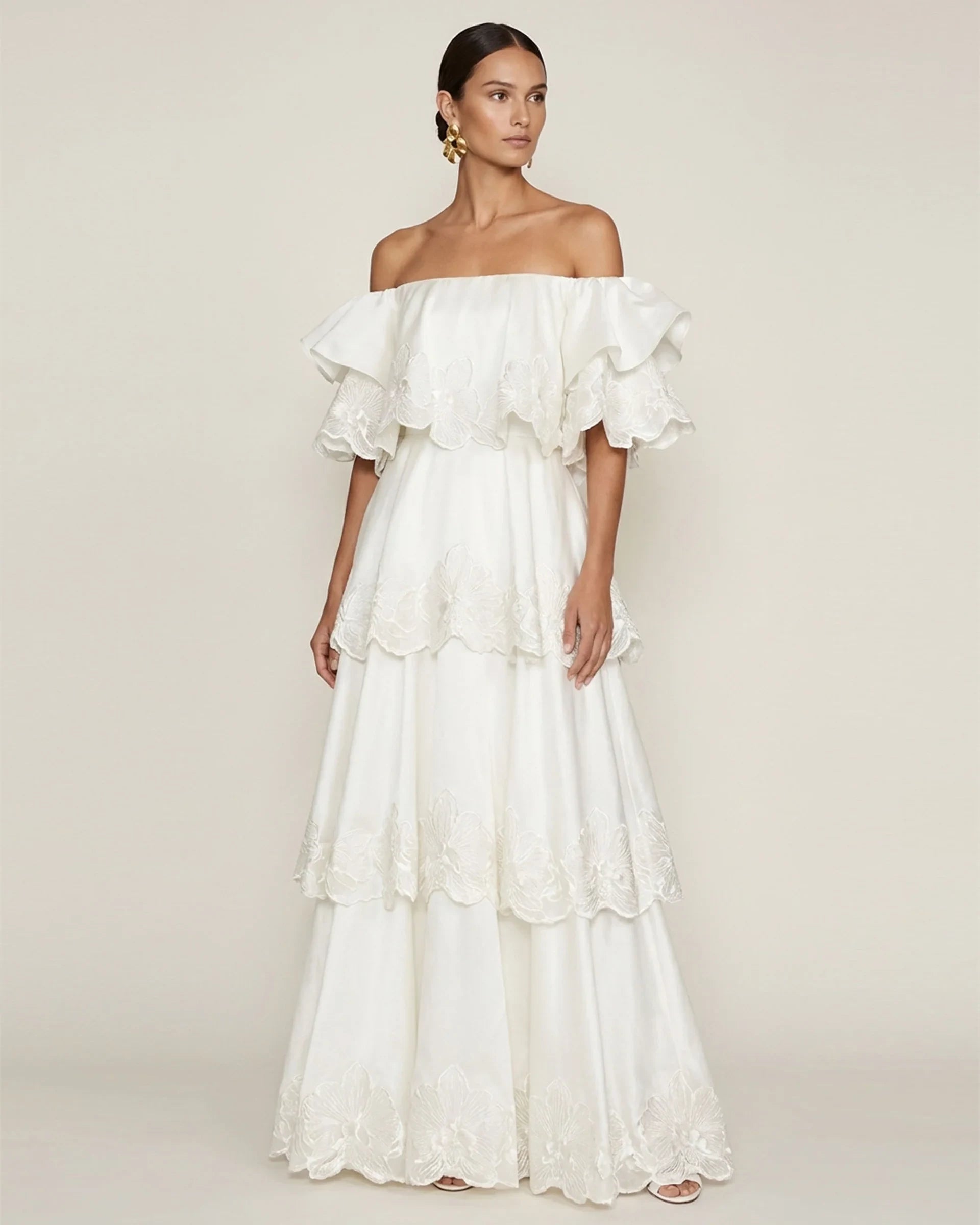 Elegant A-Line Off-Shoulder Ruffled Tiered White Floor-Length Prom Gown
