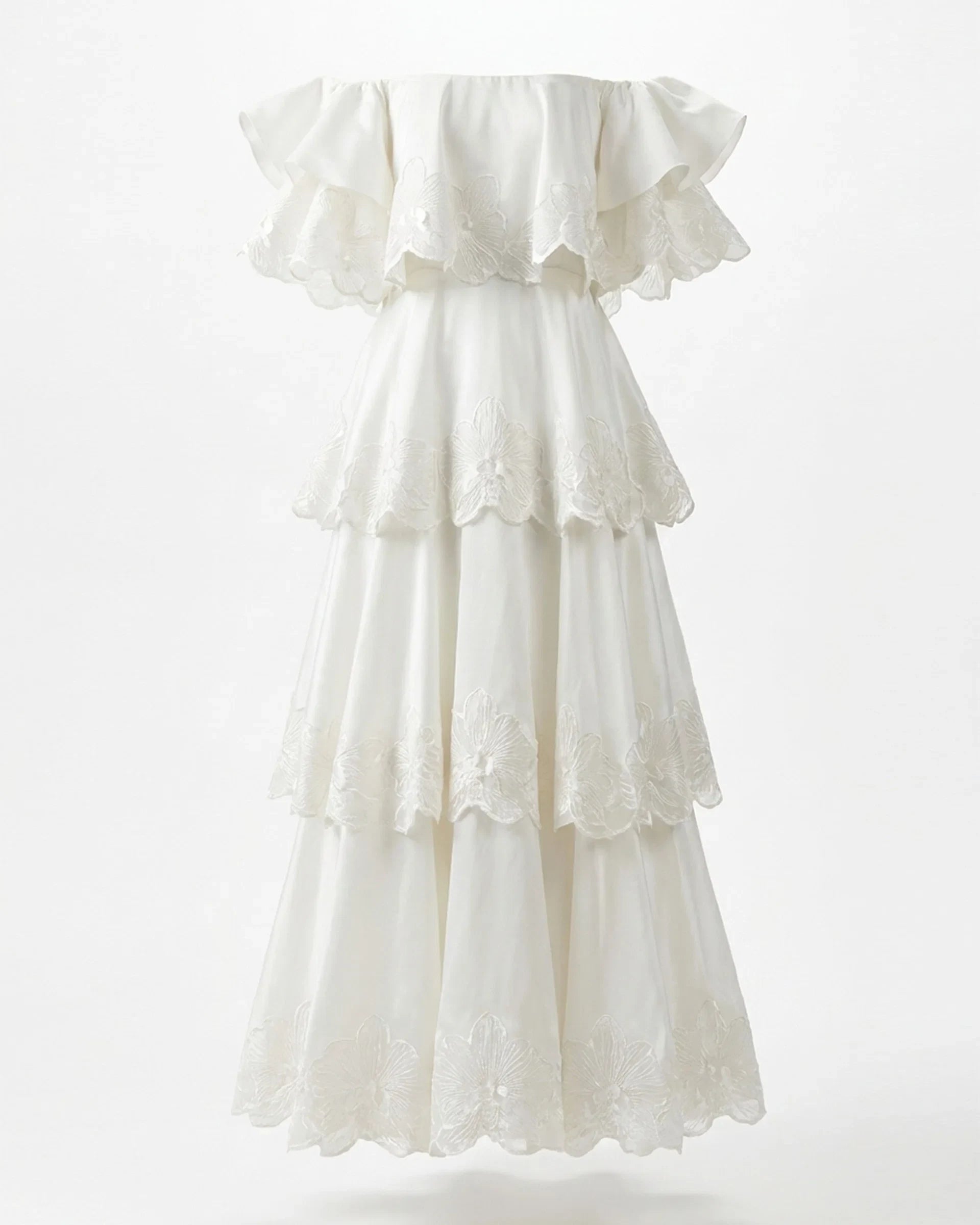 Elegant A-Line Off-Shoulder Ruffled Tiered White Floor-Length Prom Gown