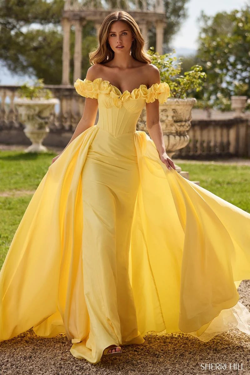 Elegant A-Line Off-Shoulder Ruffled Yellow Floor-Length Prom Gown