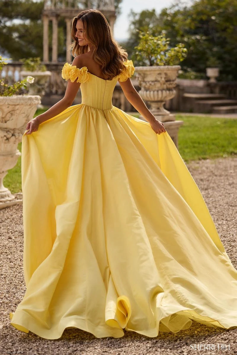 Elegant A-Line Off-Shoulder Ruffled Yellow Floor-Length Prom Gown