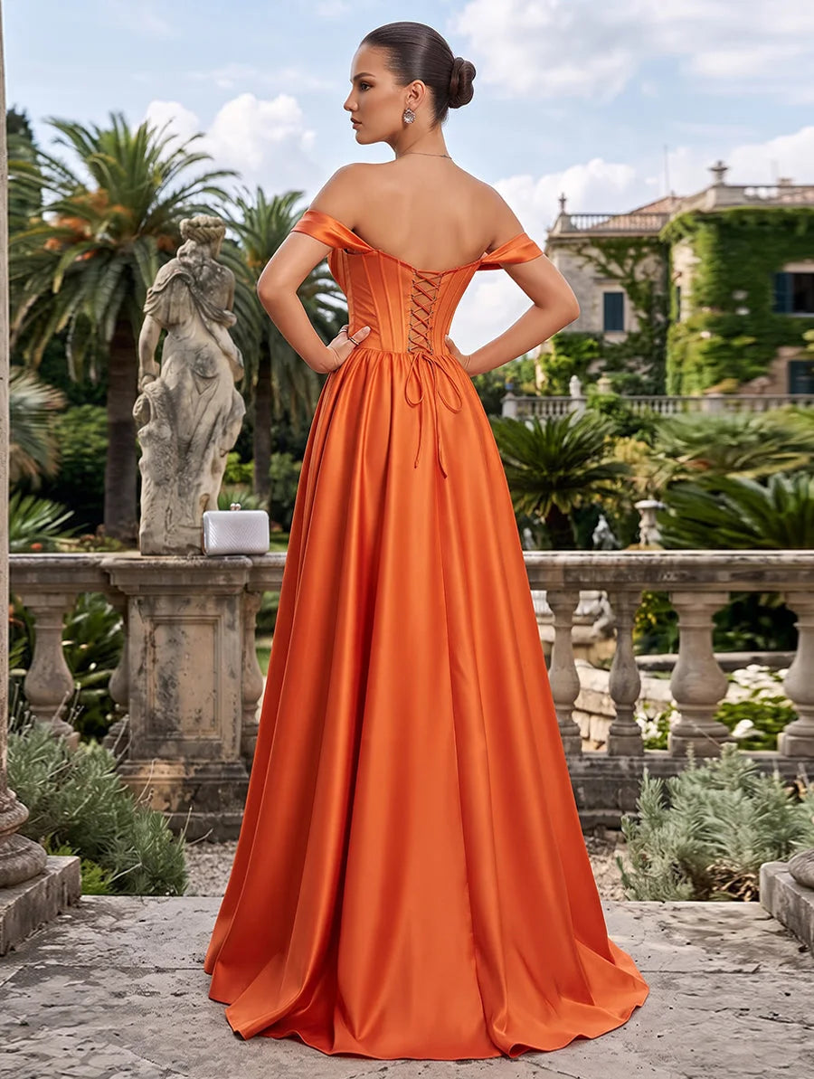 Elegant A-Line Off-Shoulder Short Sleeve Corset High Slit Orange Prom Gown