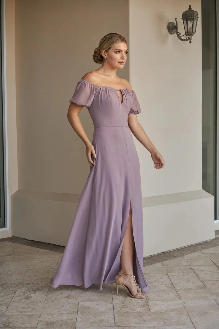Elegant A-Line Off-Shoulder Short Sleeve Slit Lavender Floor-Length Prom Gown