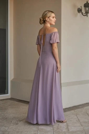 Elegant A-Line Off-Shoulder Short Sleeve Slit Lavender Floor-Length Prom Gown