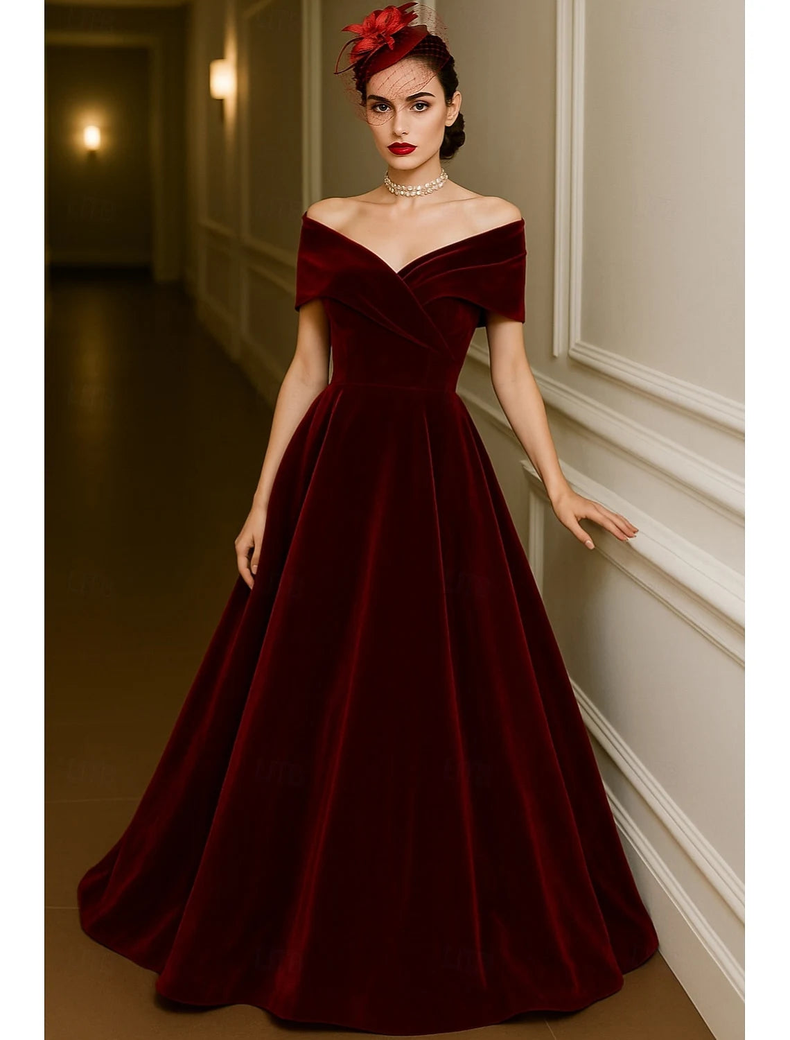Elegant A-Line Off-Shoulder Short Sleeve Zipper Back Floor-Length Velvet Prom Dresses