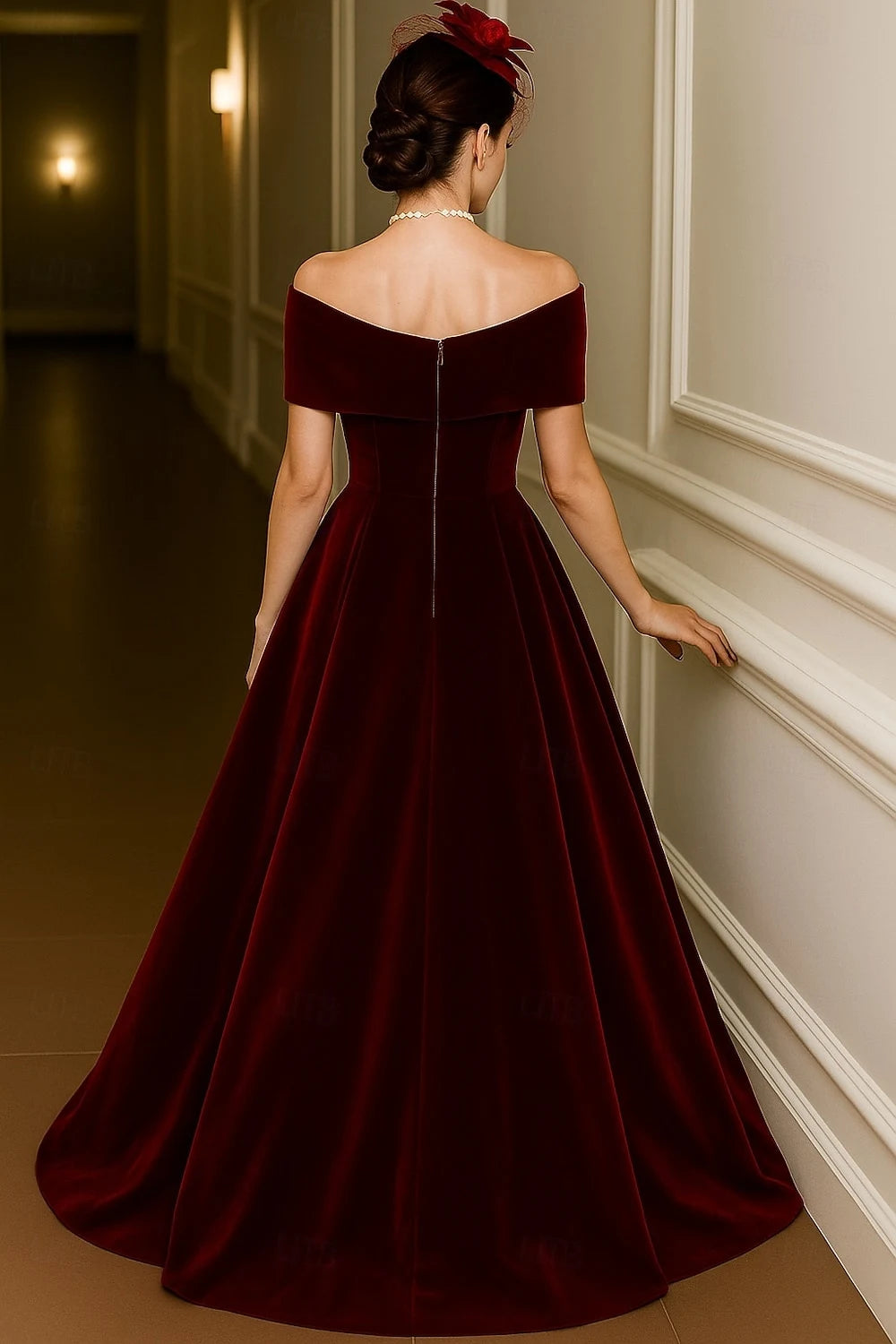 Elegant A-Line Off-Shoulder Short Sleeve Zipper Back Floor-Length Velvet Prom Dresses