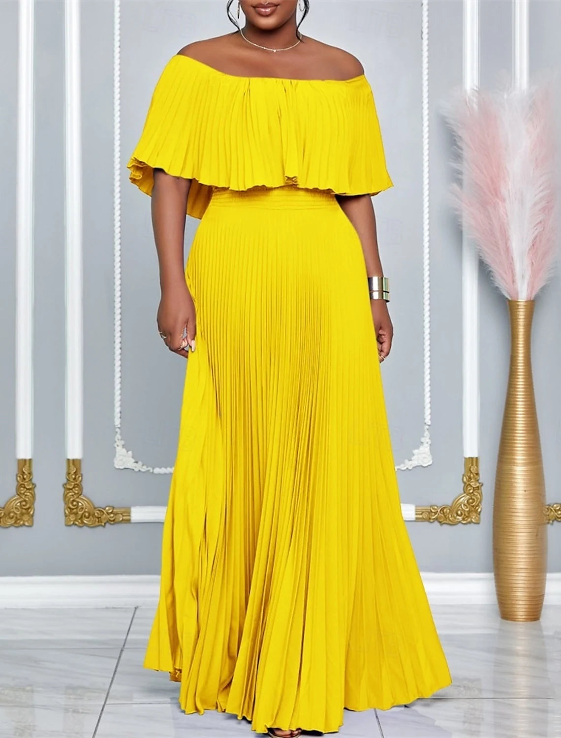 Elegant A-Line Off-Shoulder Sleeveless Pleated Ruffled Yellow Floor-Length Women's Prom Gown