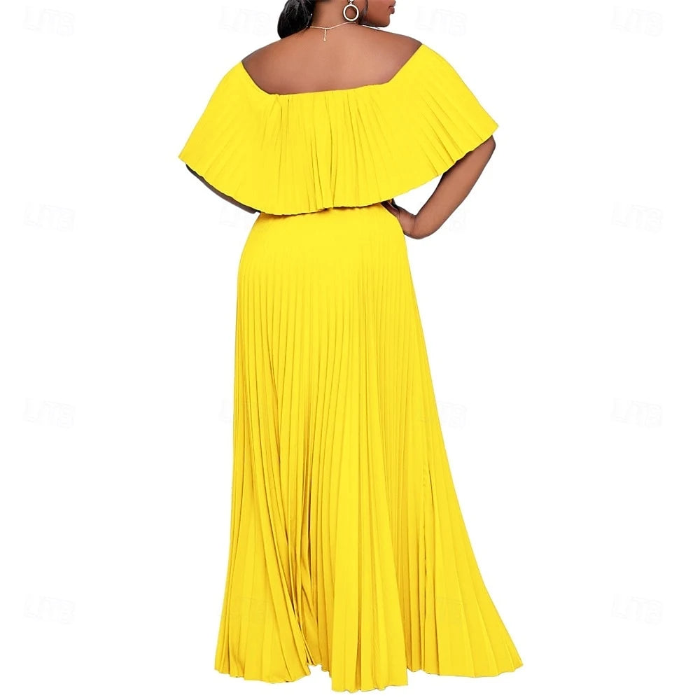 Elegant A-Line Off-Shoulder Sleeveless Pleated Ruffled Yellow Floor-Length Women's Prom Gown