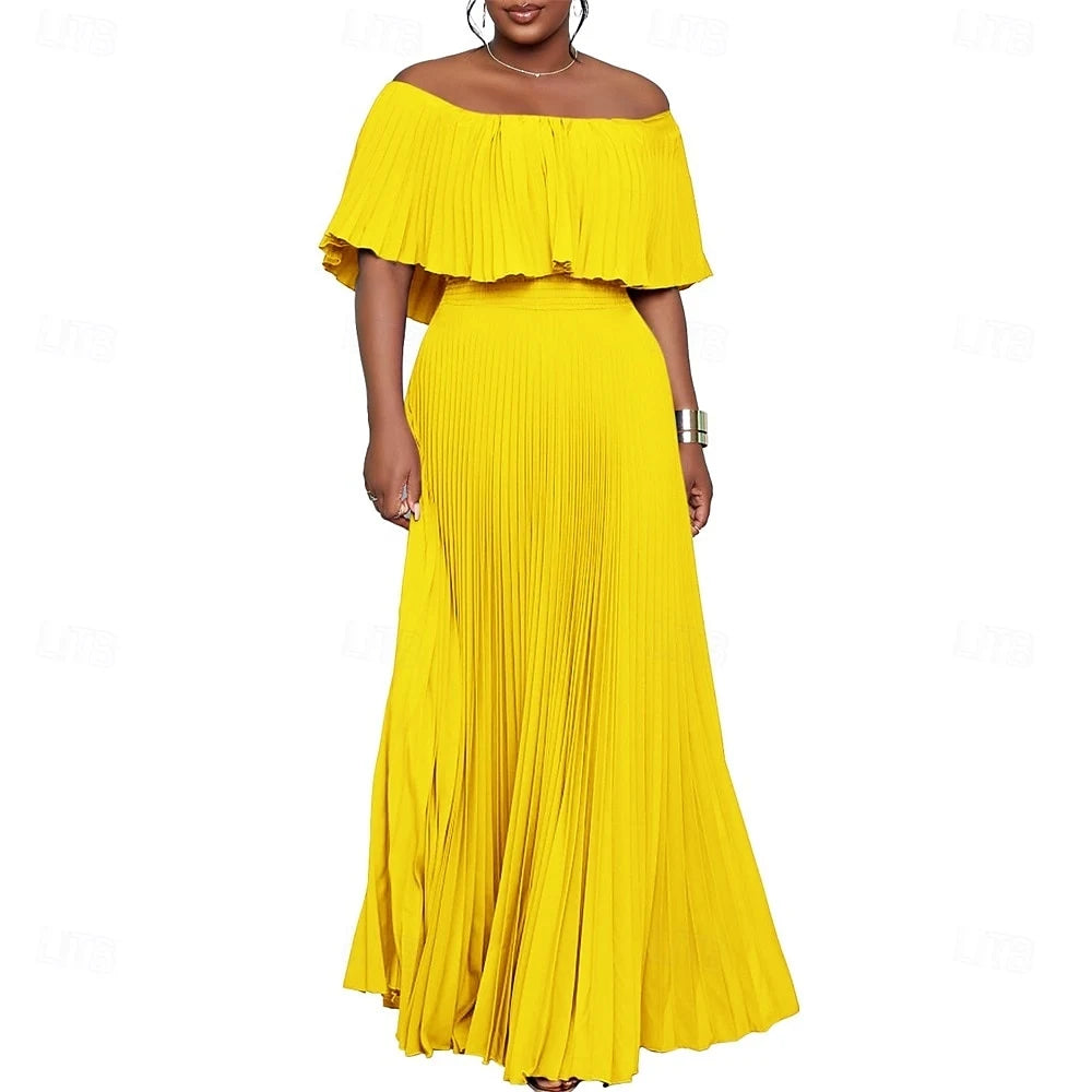 Elegant A-Line Off-Shoulder Sleeveless Pleated Ruffled Yellow Floor-Length Women's Prom Gown