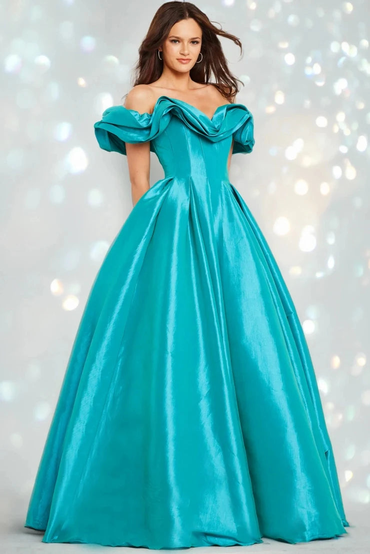 Elegant A-Line Off-Shoulder Sleeveless Ruffled Pleated Turquoise Long Prom Dresses Women