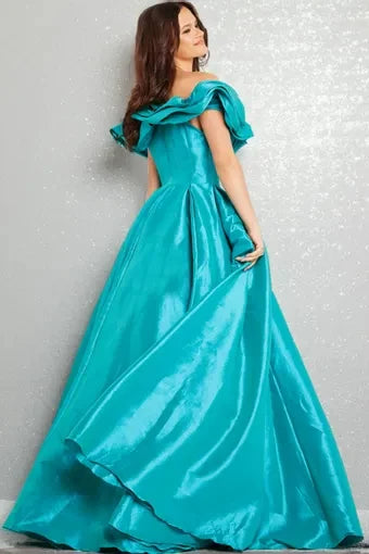 Elegant A-Line Off-Shoulder Sleeveless Ruffled Pleated Turquoise Long Prom Dresses Women
