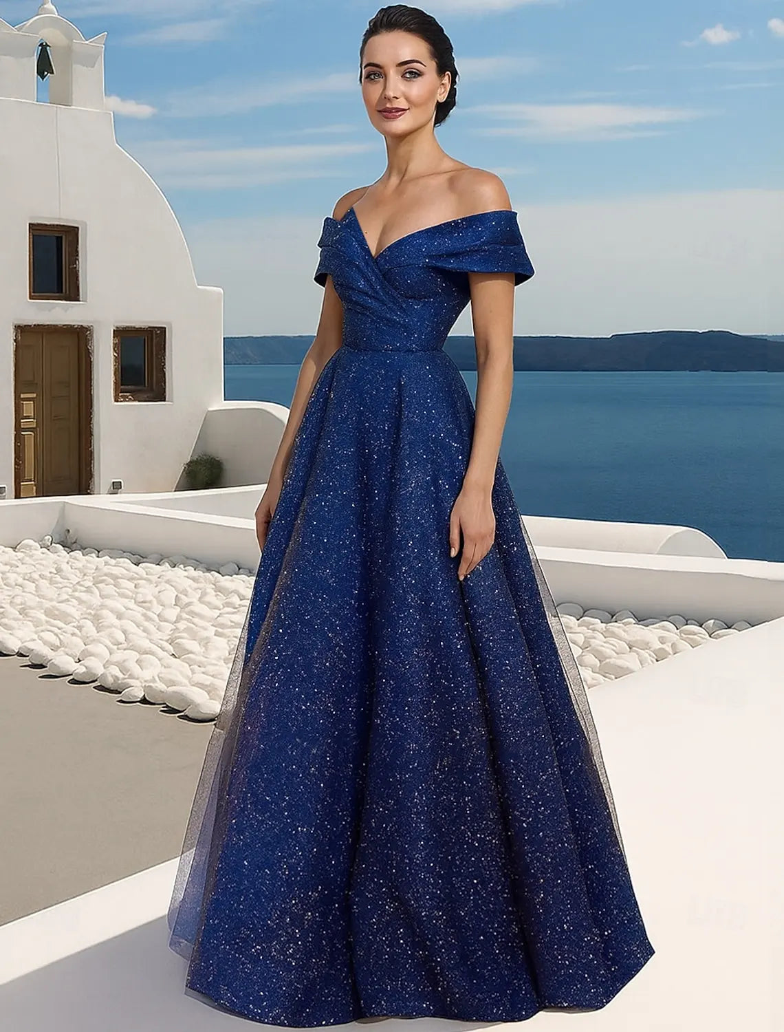Elegant A-Line Off-Shoulder Sparkle Draped Midnight Blue Floor-Length Evening Gown