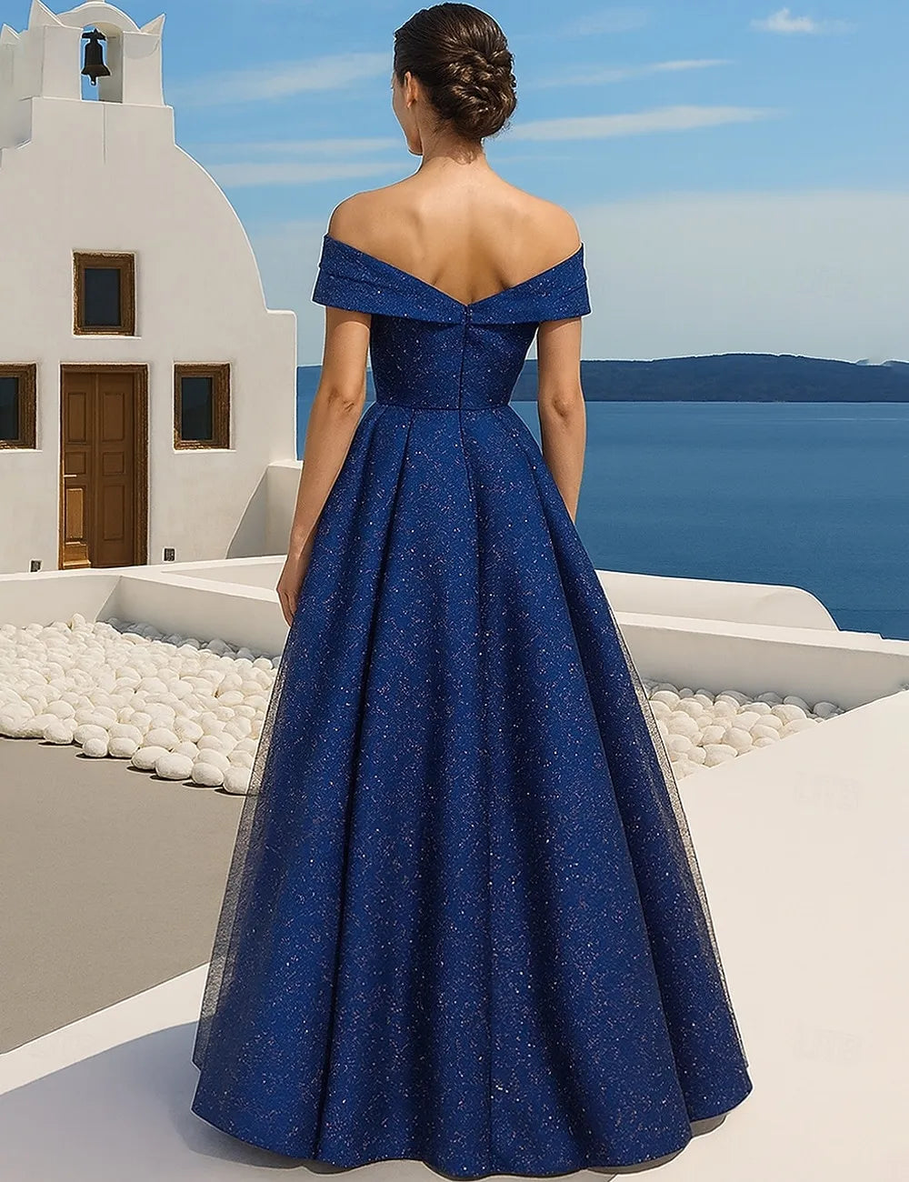 Elegant A-Line Off-Shoulder Sparkle Draped Midnight Blue Floor-Length Evening Gown