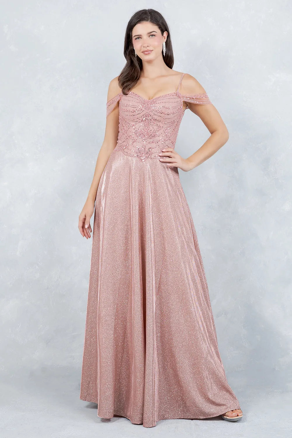 Elegant A-Line Off-Shoulder Sweetheart Beaded Glitter Rose Gold Floor-Length Prom Gown