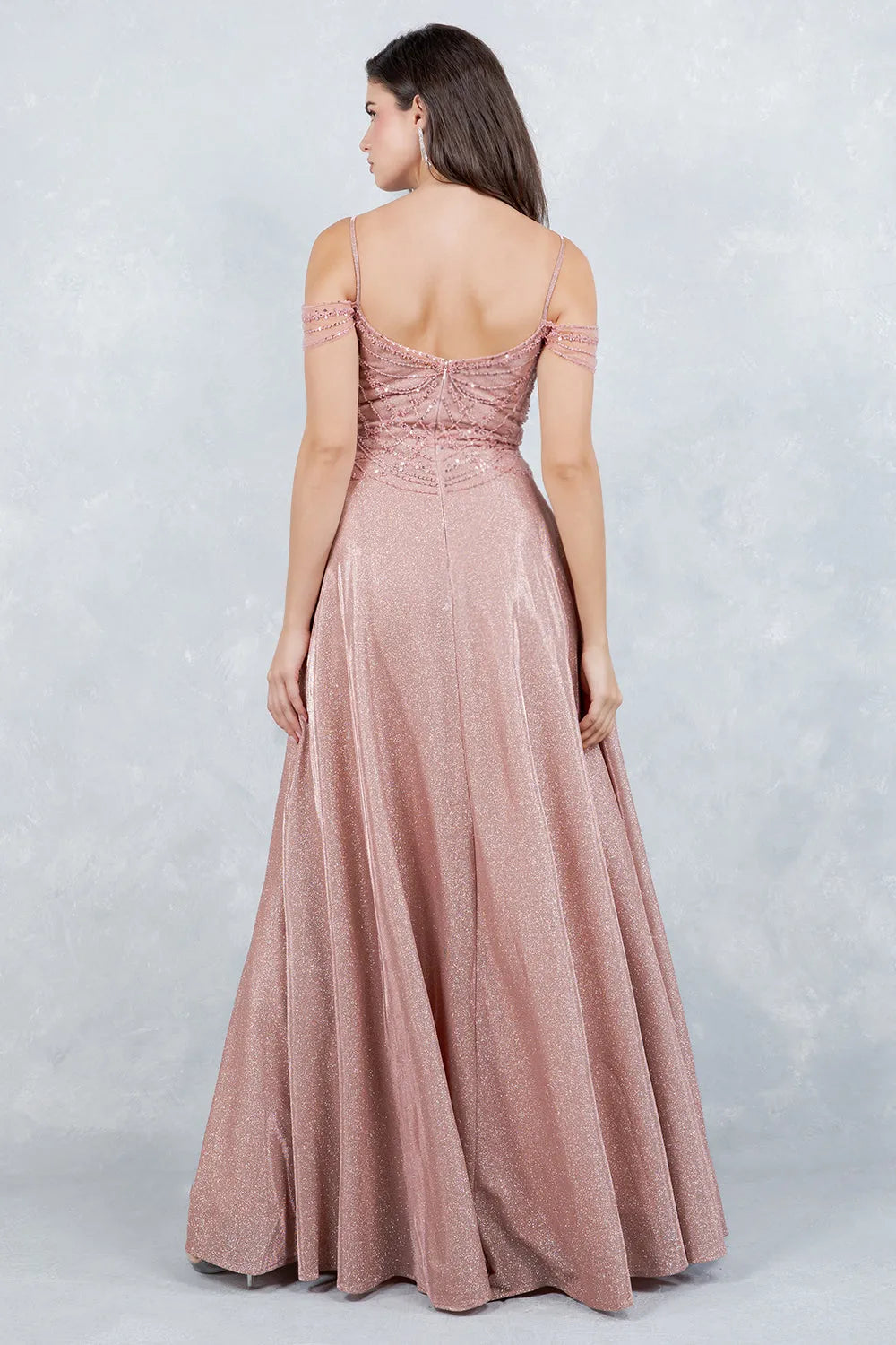 Elegant A-Line Off-Shoulder Sweetheart Beaded Glitter Rose Gold Floor-Length Prom Gown