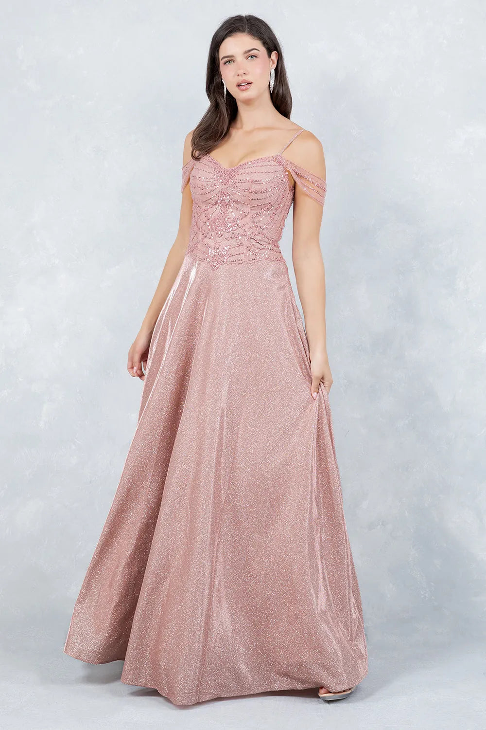 Elegant A-Line Off-Shoulder Sweetheart Beaded Glitter Rose Gold Floor-Length Prom Gown