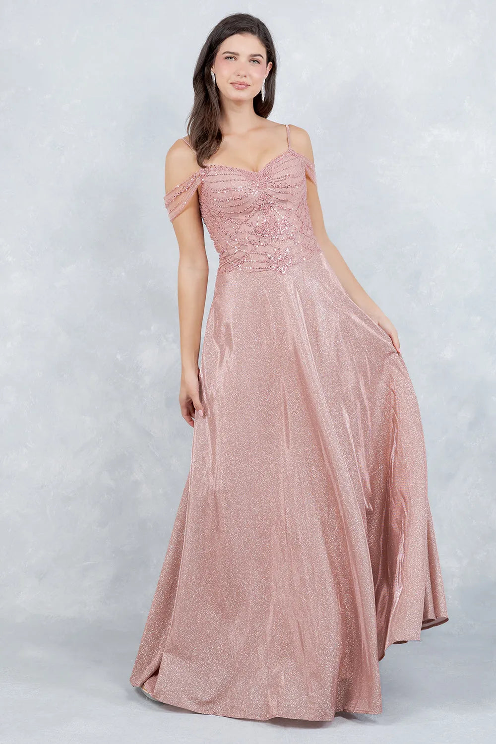 Elegant A-Line Off-Shoulder Sweetheart Beaded Glitter Rose Gold Floor-Length Prom Gown