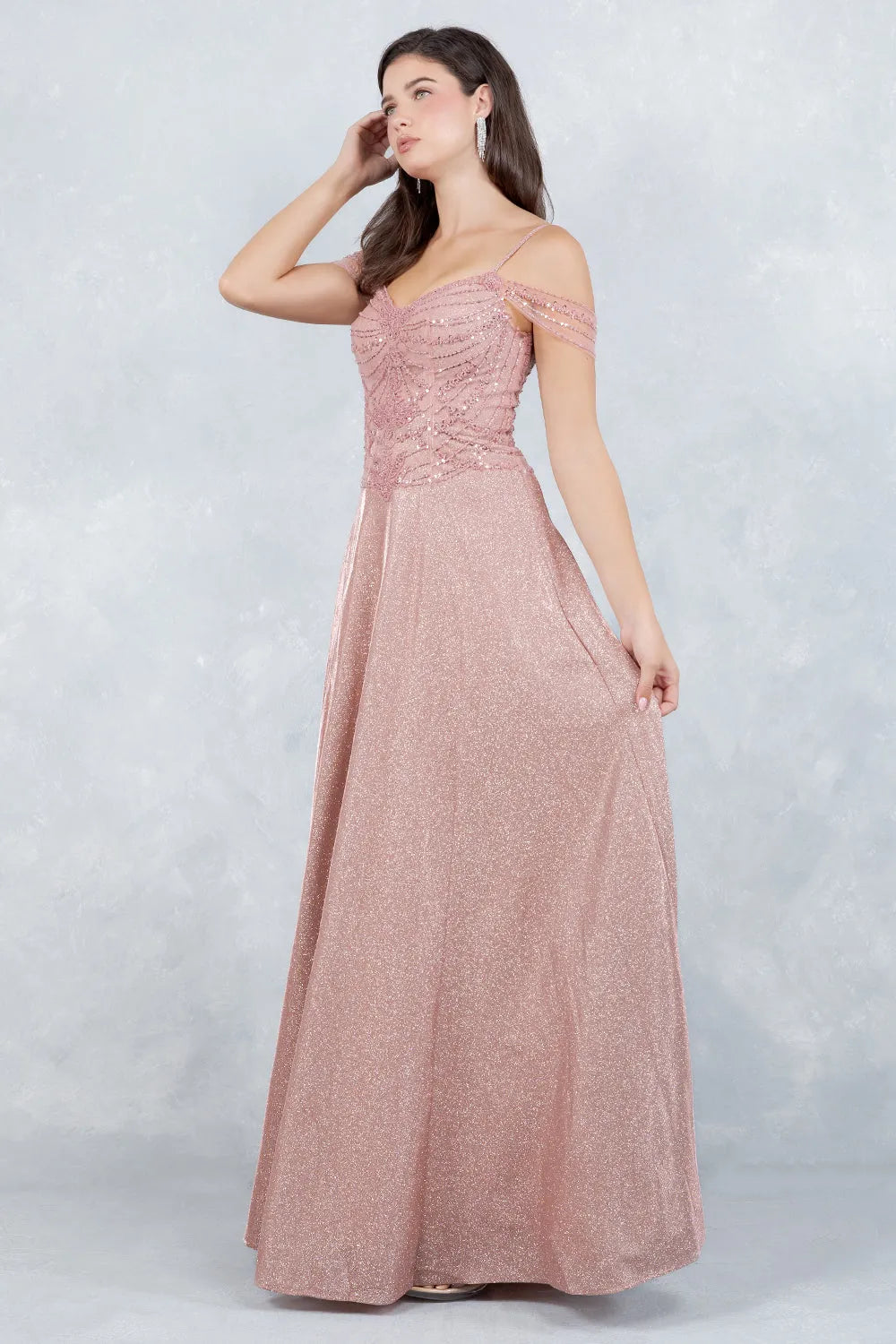 Elegant A-Line Off-Shoulder Sweetheart Beaded Glitter Rose Gold Floor-Length Prom Gown