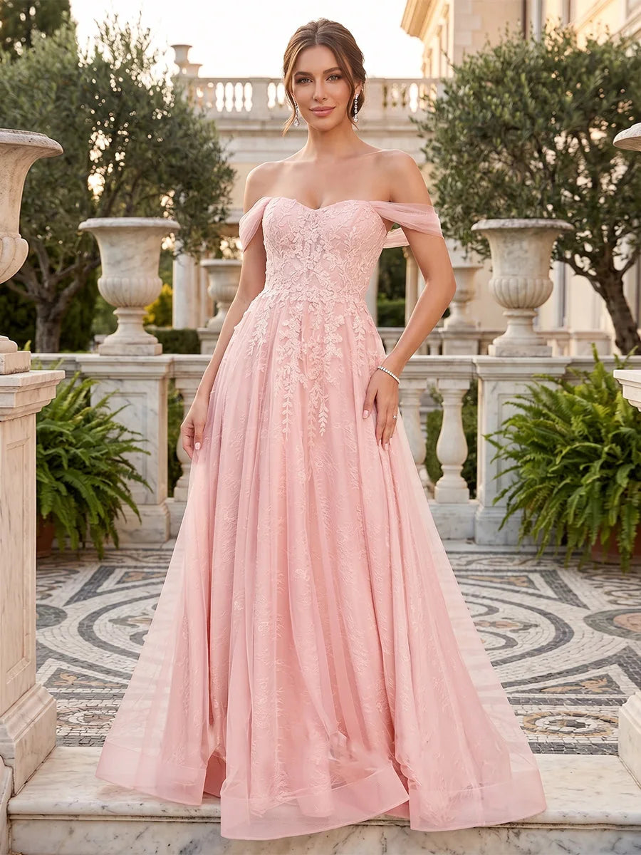 Elegant A-Line Off-Shoulder Sweetheart Embroidered Blush Pink Floor-Length Prom Gown