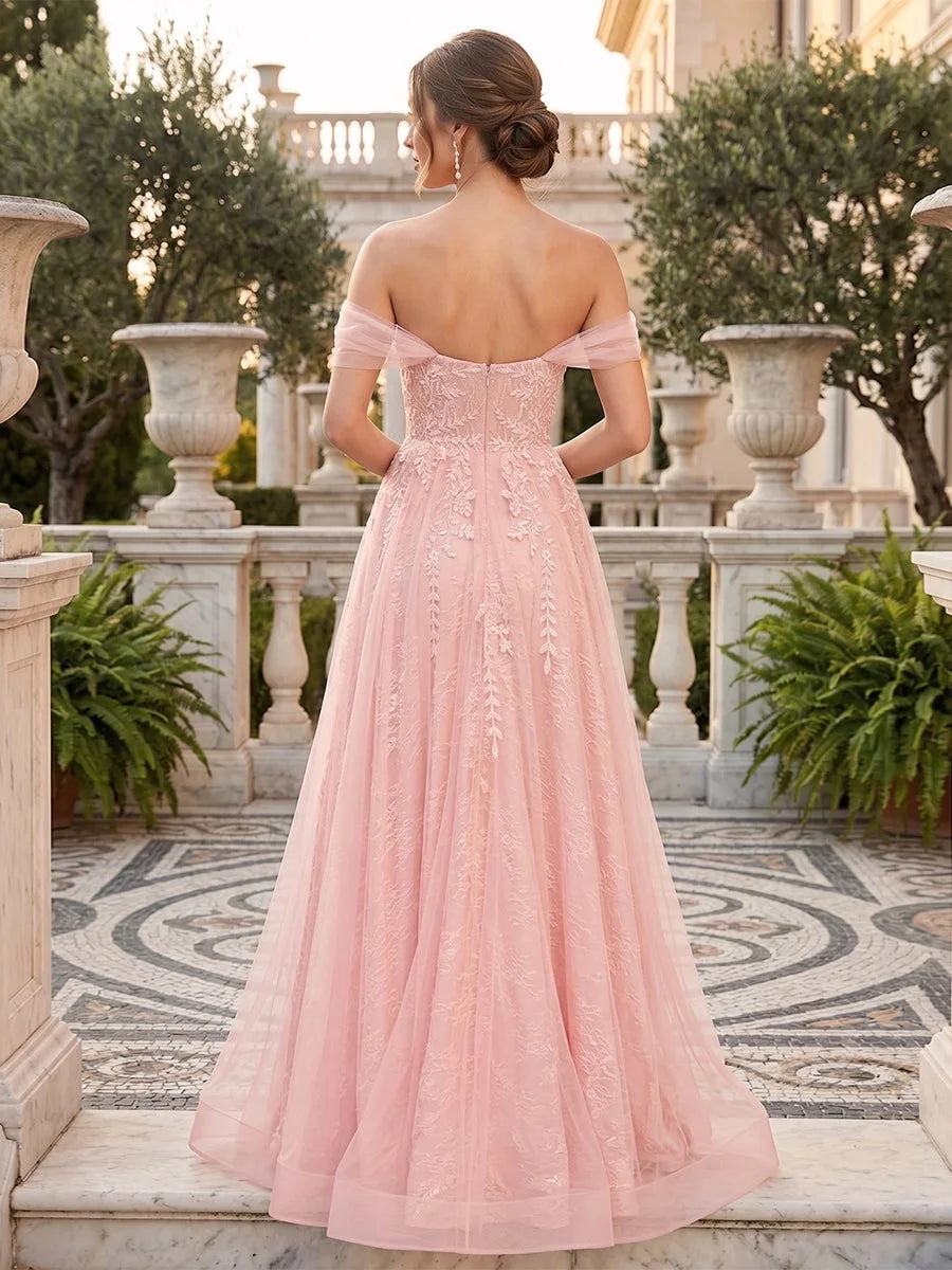 Elegant A-Line Off-Shoulder Sweetheart Embroidered Blush Pink Floor-Length Prom Gown