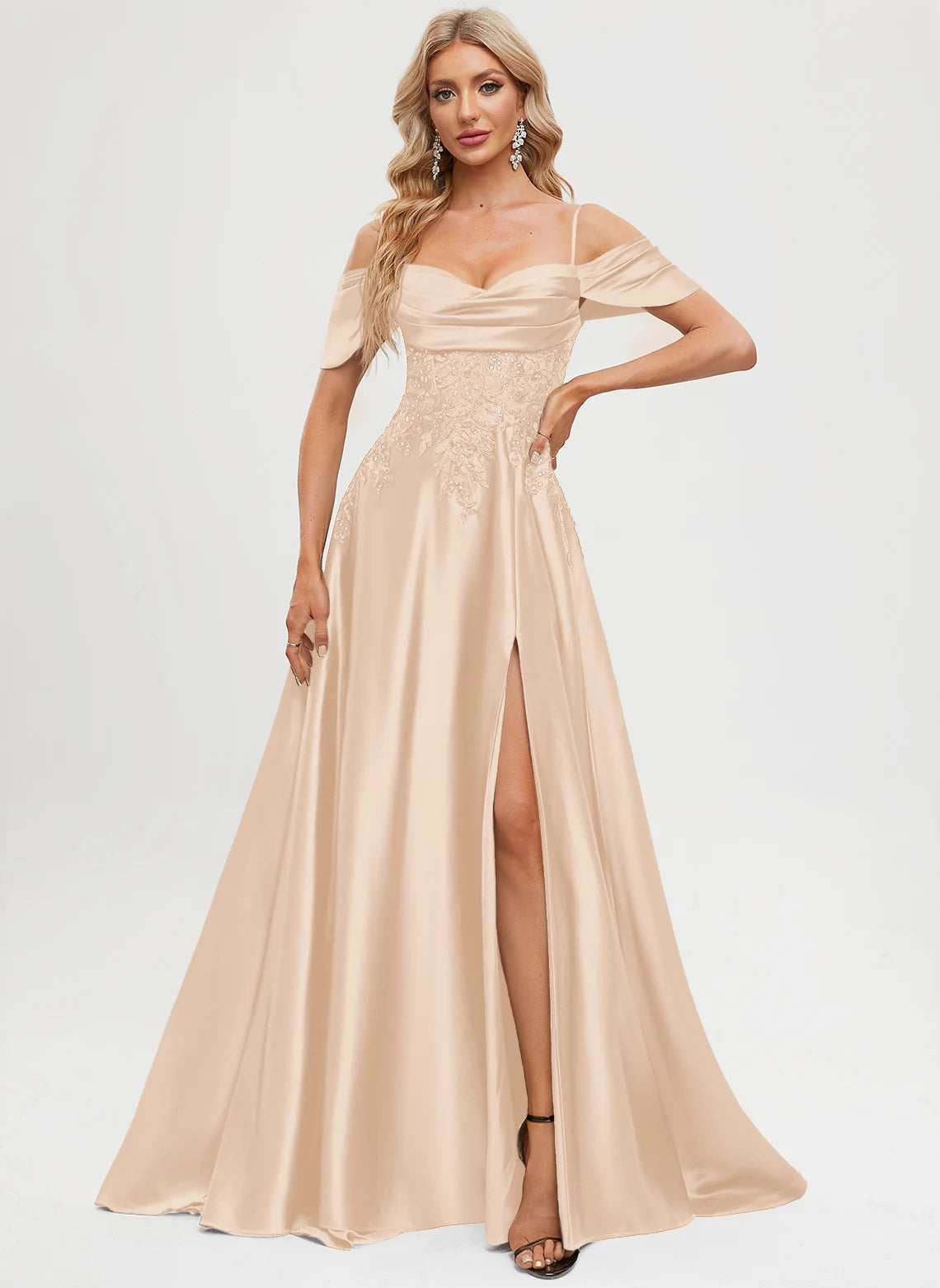 Elegant A-Line Off-Shoulder Sweetheart Embroidered Slit Champagne Floor-Length Prom Gown