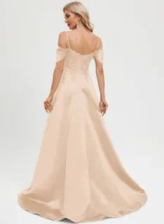 Elegant A-Line Off-Shoulder Sweetheart Embroidered Slit Champagne Floor-Length Prom Gown