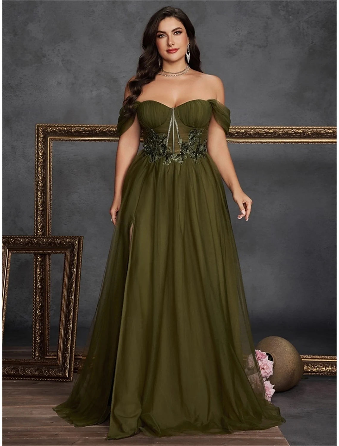 Elegant A-Line Off-Shoulder Sweetheart Floral Slit Olive Green Floor-Length Prom Gown