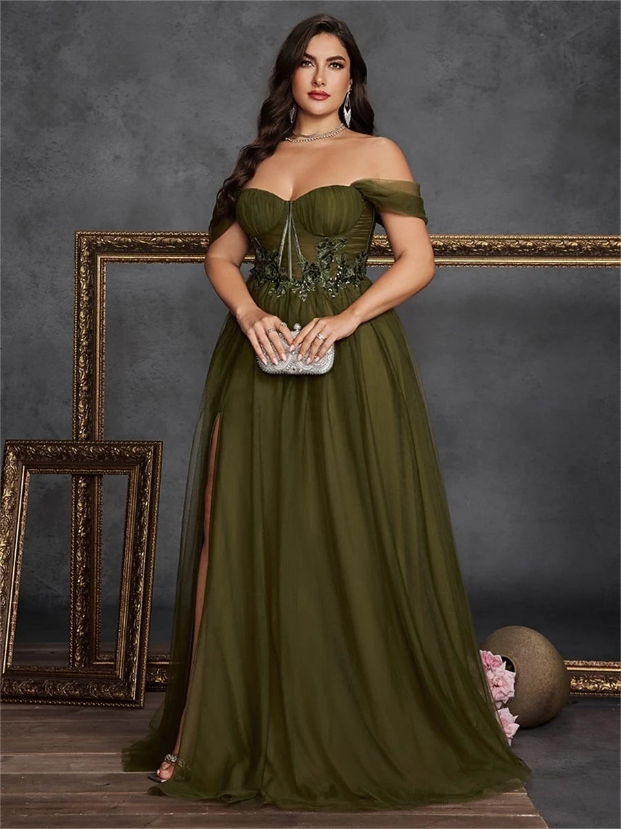 Elegant A-Line Off-Shoulder Sweetheart Floral Slit Olive Green Floor-Length Prom Gown