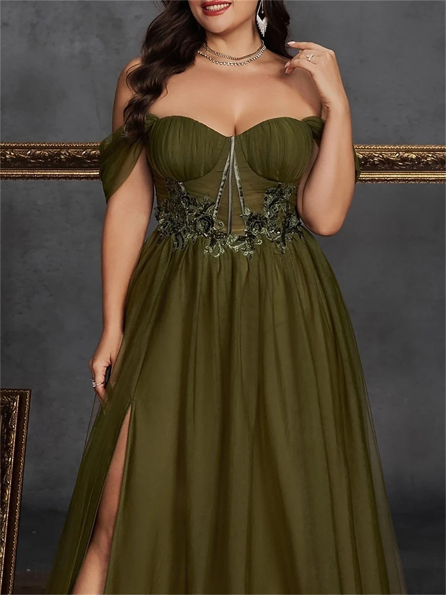 Elegant A-Line Off-Shoulder Sweetheart Floral Slit Olive Green Floor-Length Prom Gown