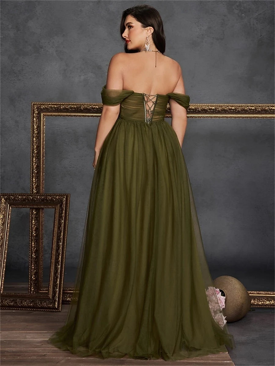 Elegant A-Line Off-Shoulder Sweetheart Floral Slit Olive Green Floor-Length Prom Gown
