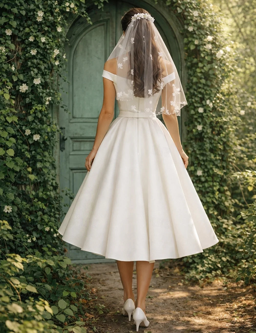 Elegant A-Line Off-Shoulder Sweetheart White Tea-Length Prom Dress