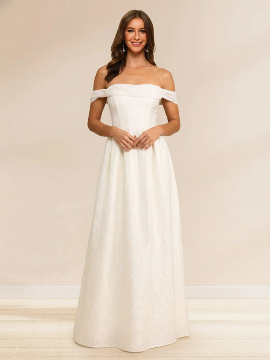 Elegant A-Line Off-Shoulder Textured Ivory Floor-Length Prom Dresses Women's Gown