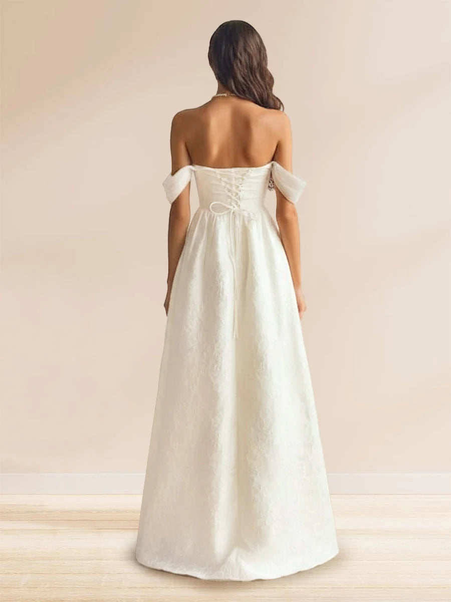 Elegant A-Line Off-Shoulder Textured Ivory Floor-Length Prom Dresses Women's Gown