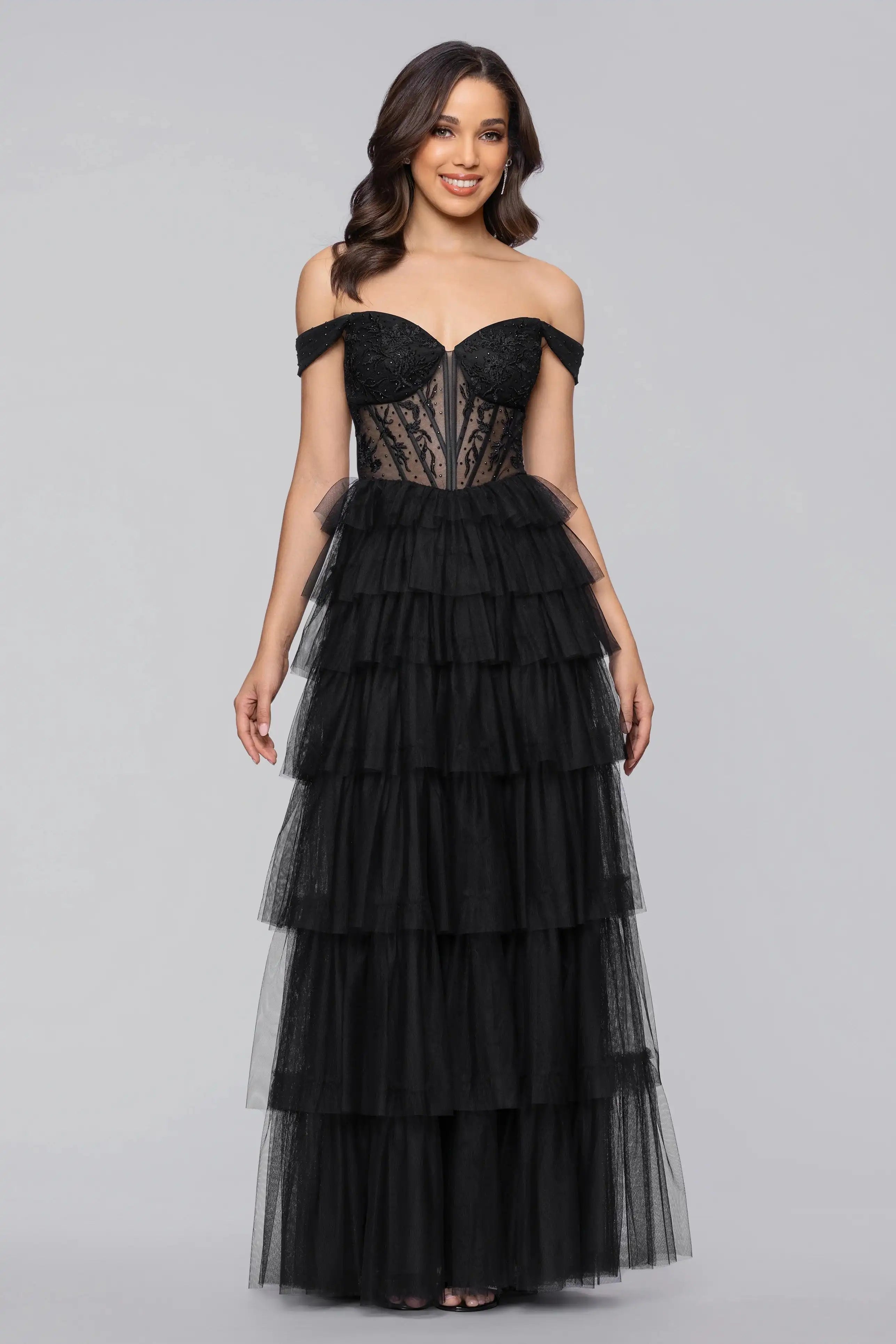 Elegant A-Line Off-Shoulder Tiered Black Floor-Length Prom Dress For Women