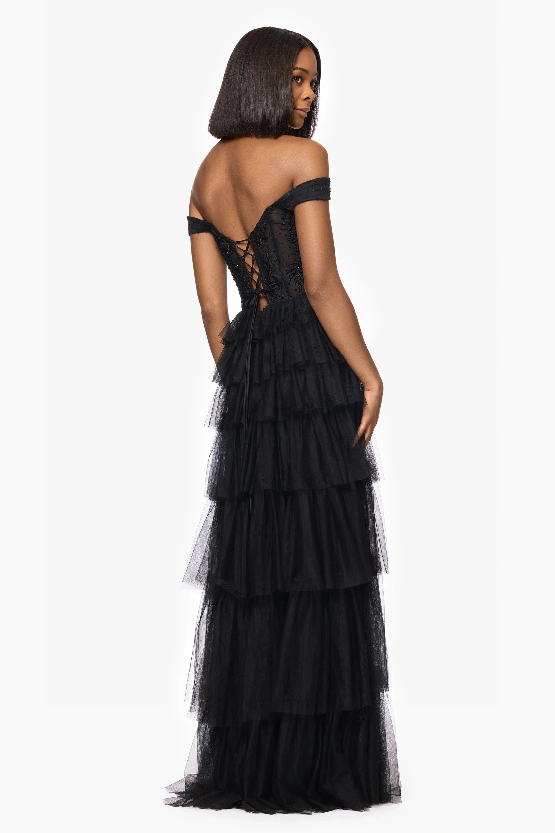 Elegant A-Line Off-Shoulder Tiered Black Floor-Length Prom Dress For Women
