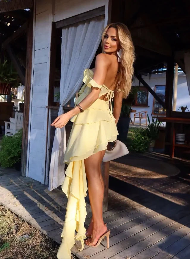 Elegant A-Line Off-Shoulder Tiered High-Low Yellow Short Homecoming Dresses for Women