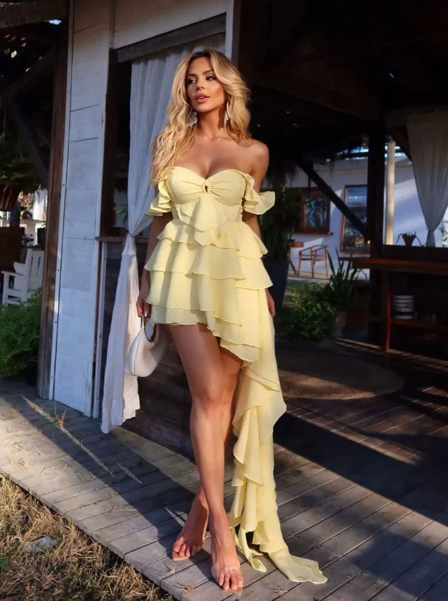 Elegant A-Line Off-Shoulder Tiered High-Low Yellow Short Homecoming Dresses for Women