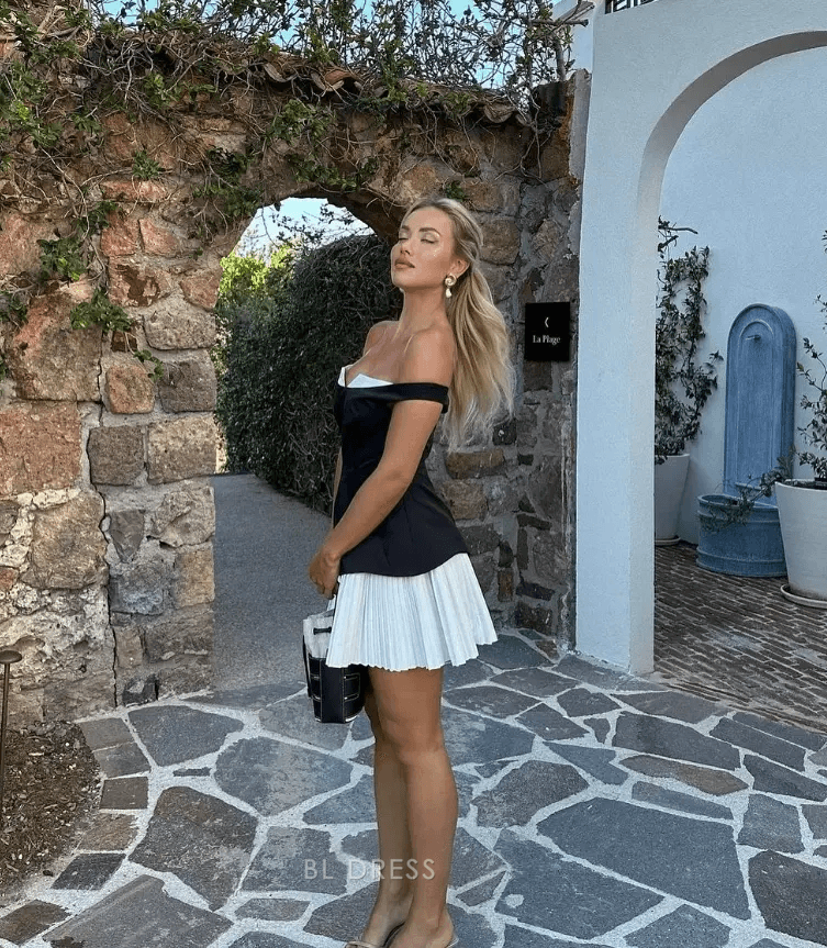 Elegant A-Line Off-Shoulder V-Neck Sleeveless Pleated Navy White Mini Homecoming Dress