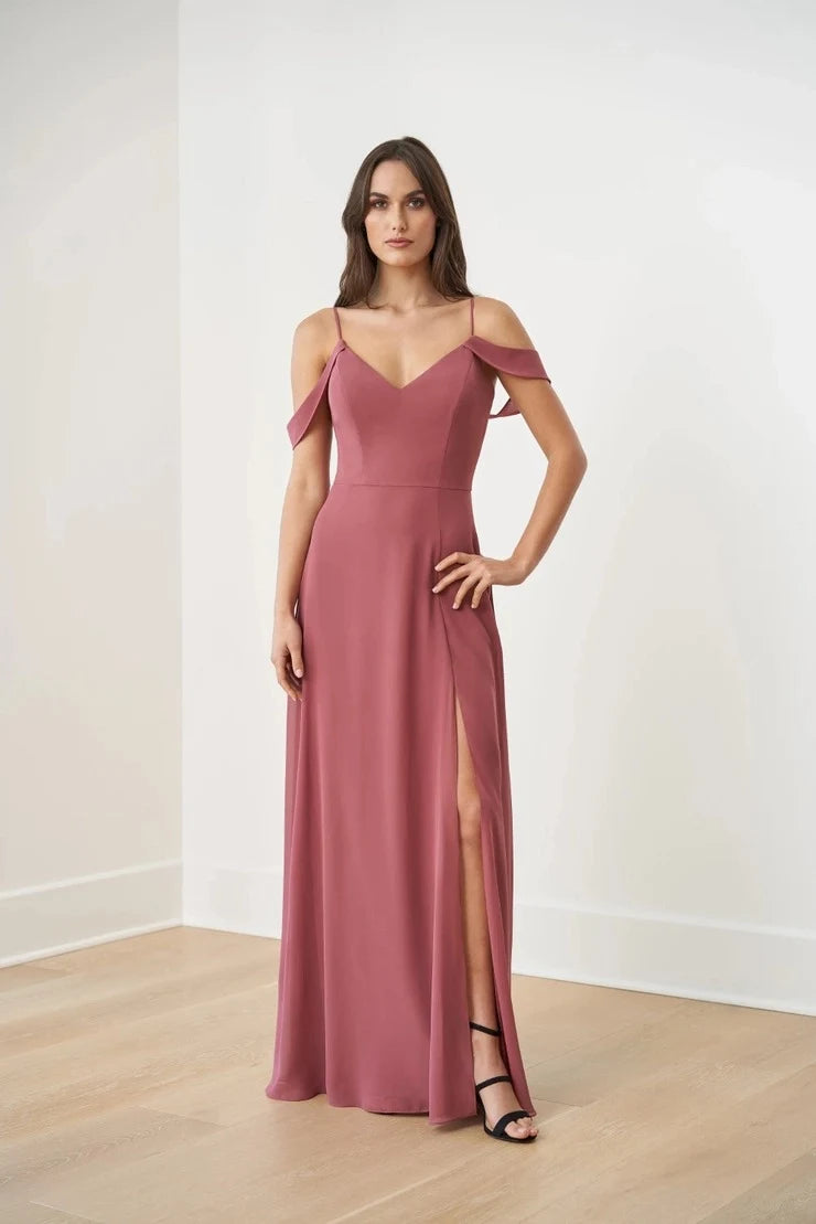 Elegant A-Line Off-Shoulder V-Neck Slit Dusty Rose Floor-Length Prom Gown