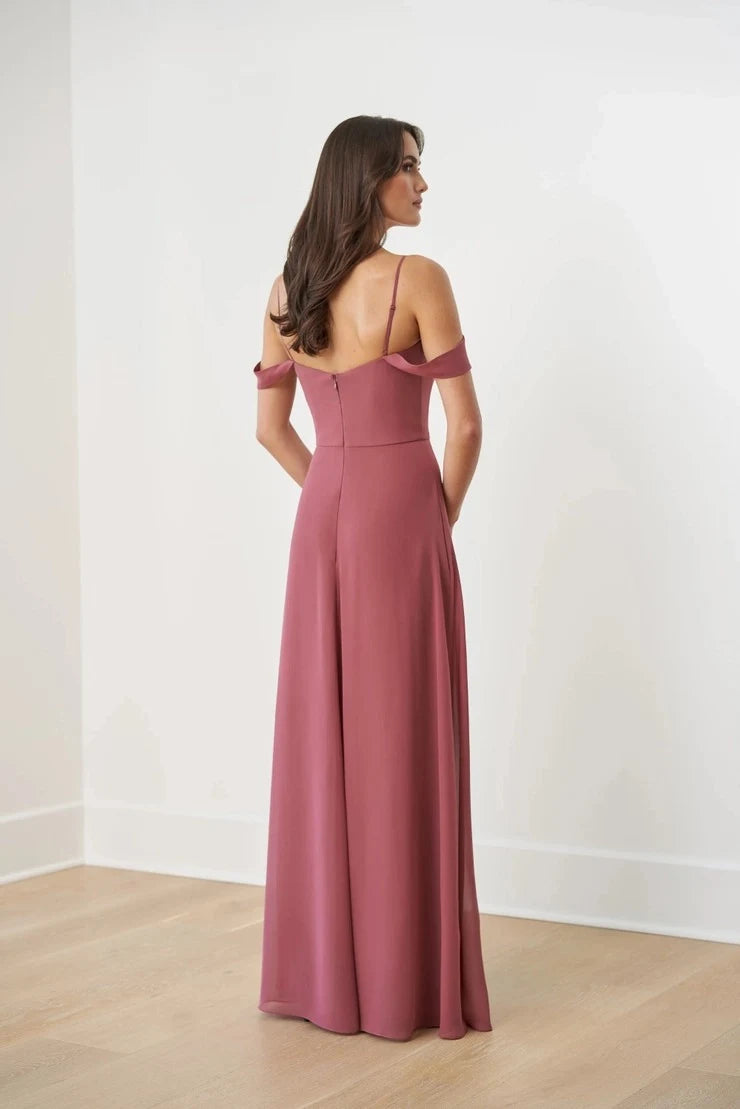 Elegant A-Line Off-Shoulder V-Neck Slit Dusty Rose Floor-Length Prom Gown