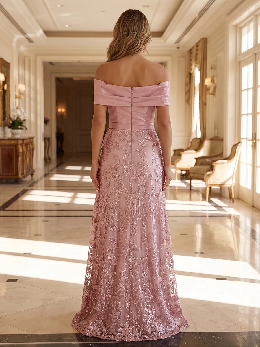 Elegant A-Line Off-The-Shoulder Short-Sleeve Ruched Sequin Pink Maxi Mother-Of-The-Bride Women Dress
