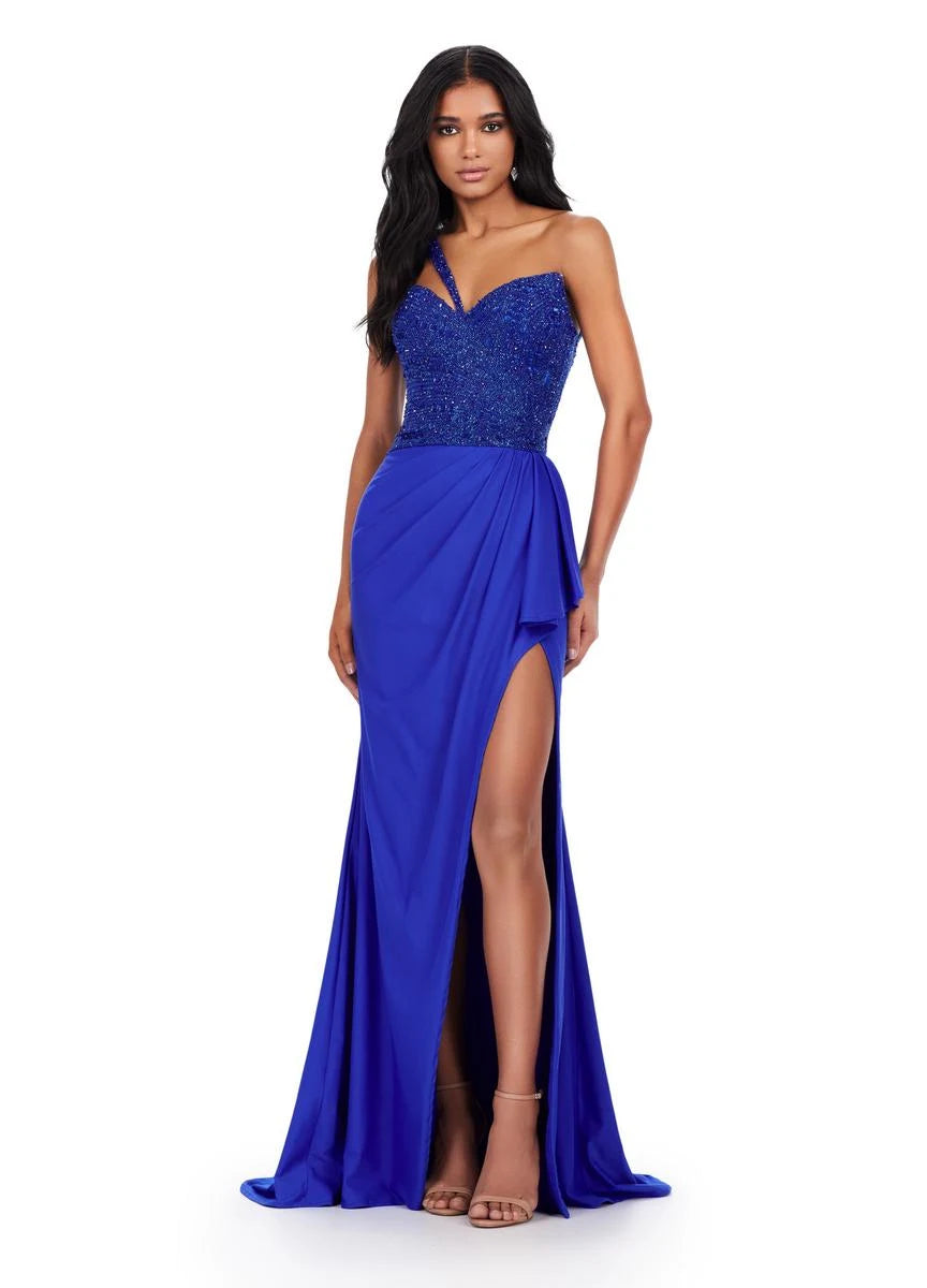 Elegant A-Line One-Shoulder Beaded Draped Royal Blue Floor-Length Prom Gown
