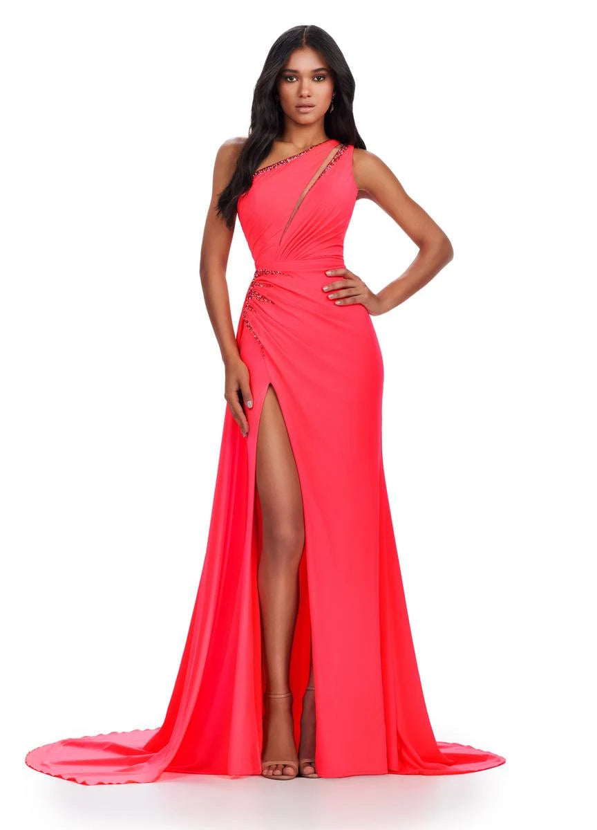 Elegant A-Line One-Shoulder Beaded High-Slit Neon Coral Long Prom Gown