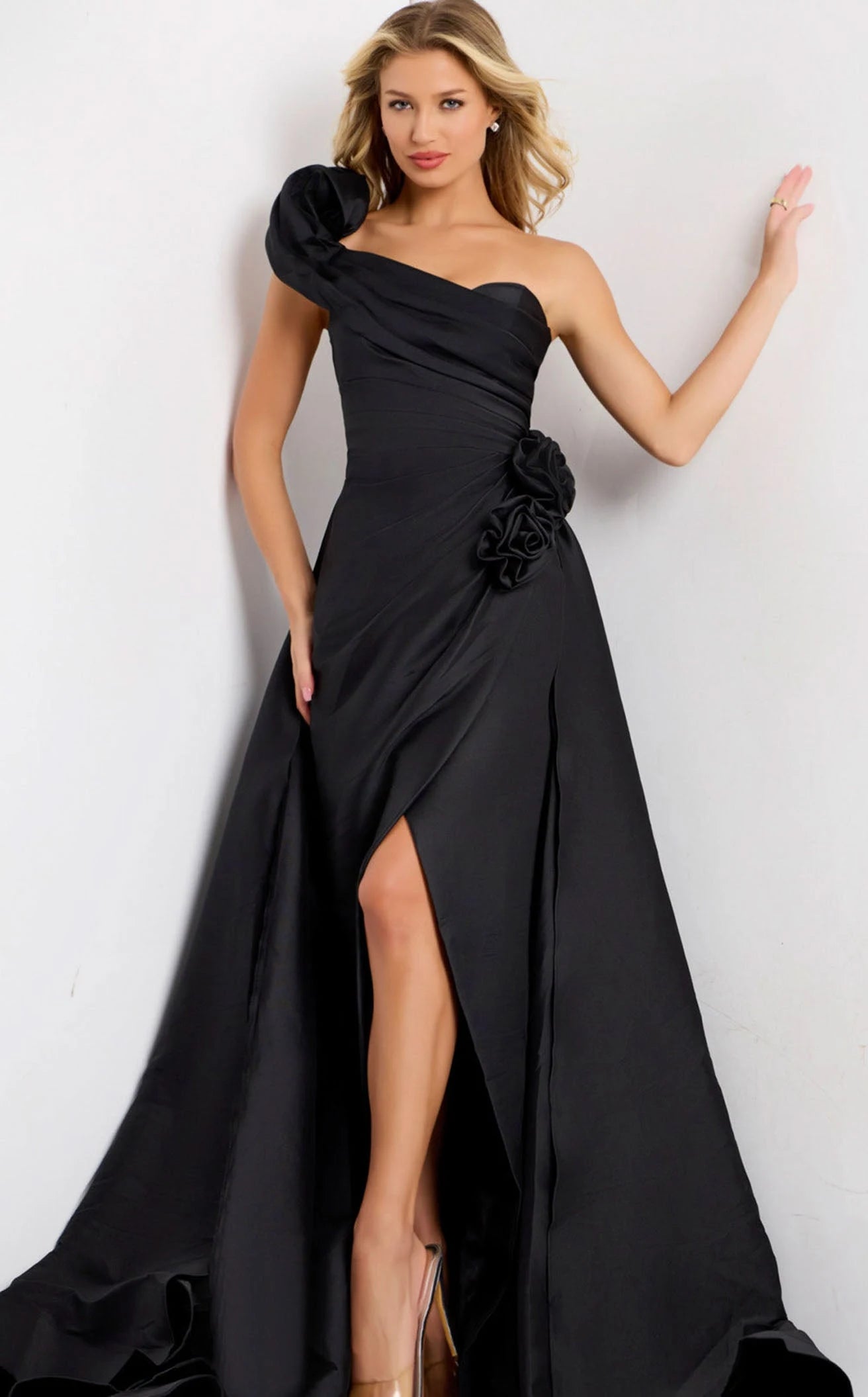 Elegant A-Line One-Shoulder Black Floral Slit Floor-Length Prom Gown