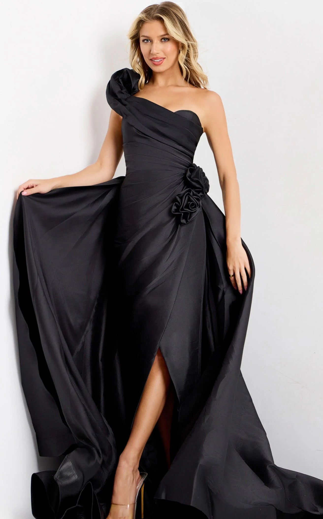Elegant A-Line One-Shoulder Black Floral Slit Floor-Length Prom Gown