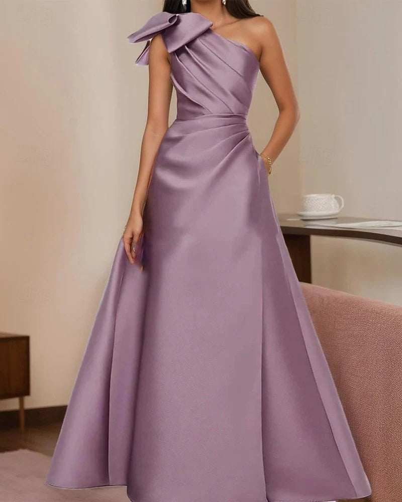 Elegant A-Line One-Shoulder Bow Pleated Lavender Floor-Length Prom Gown