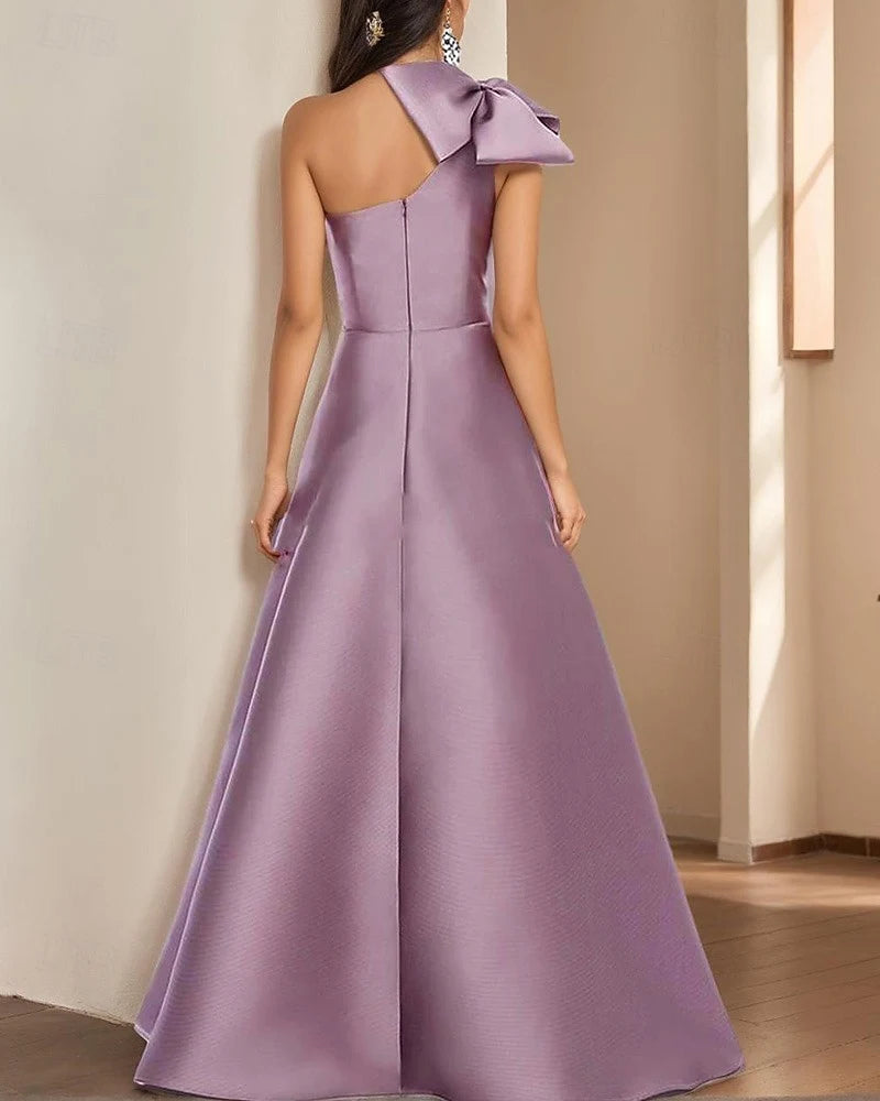 Elegant A-Line One-Shoulder Bow Pleated Lavender Floor-Length Prom Gown
