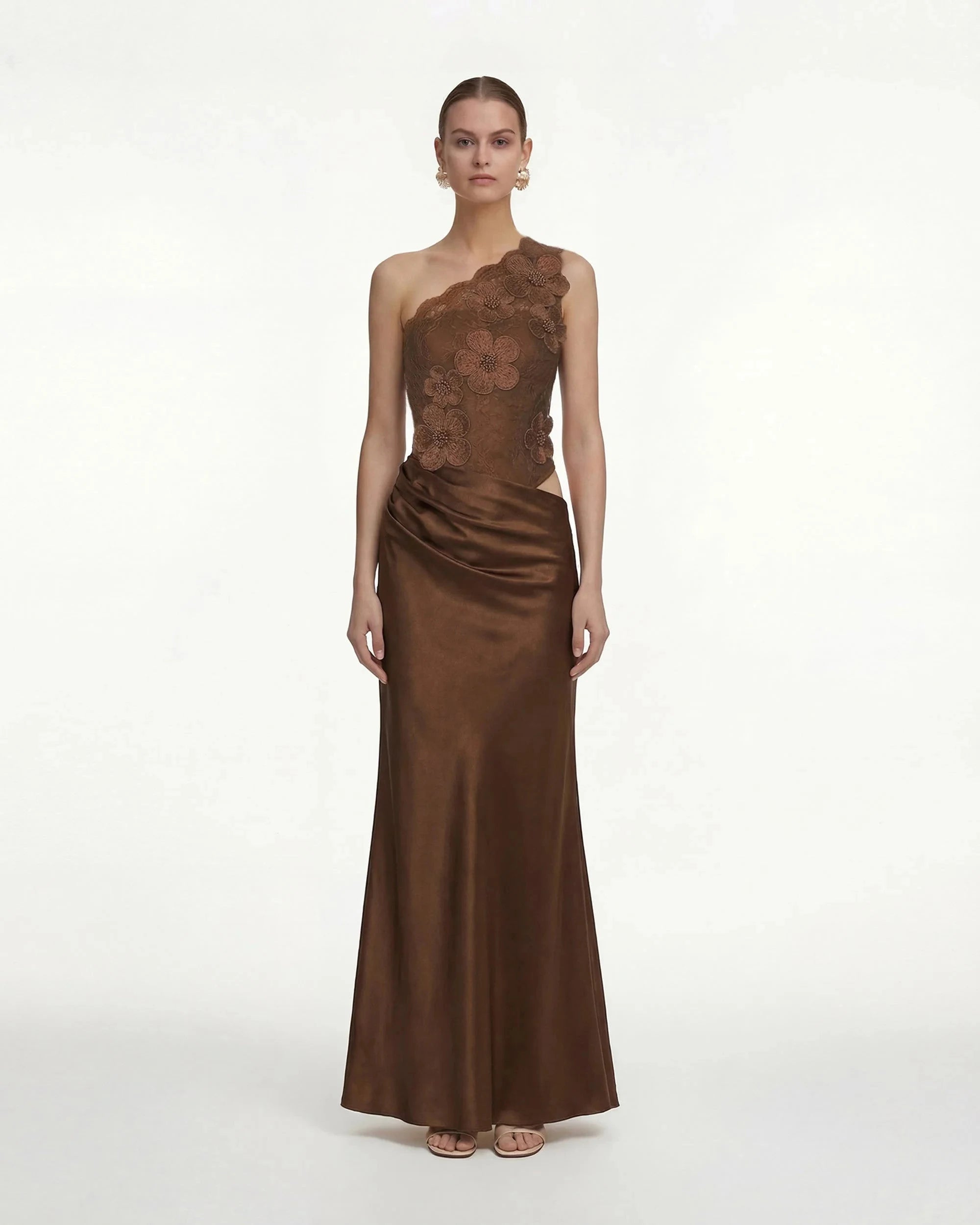 Elegant A-Line One-Shoulder Cutout Floral Brown Floor-Length Prom Dress Gown