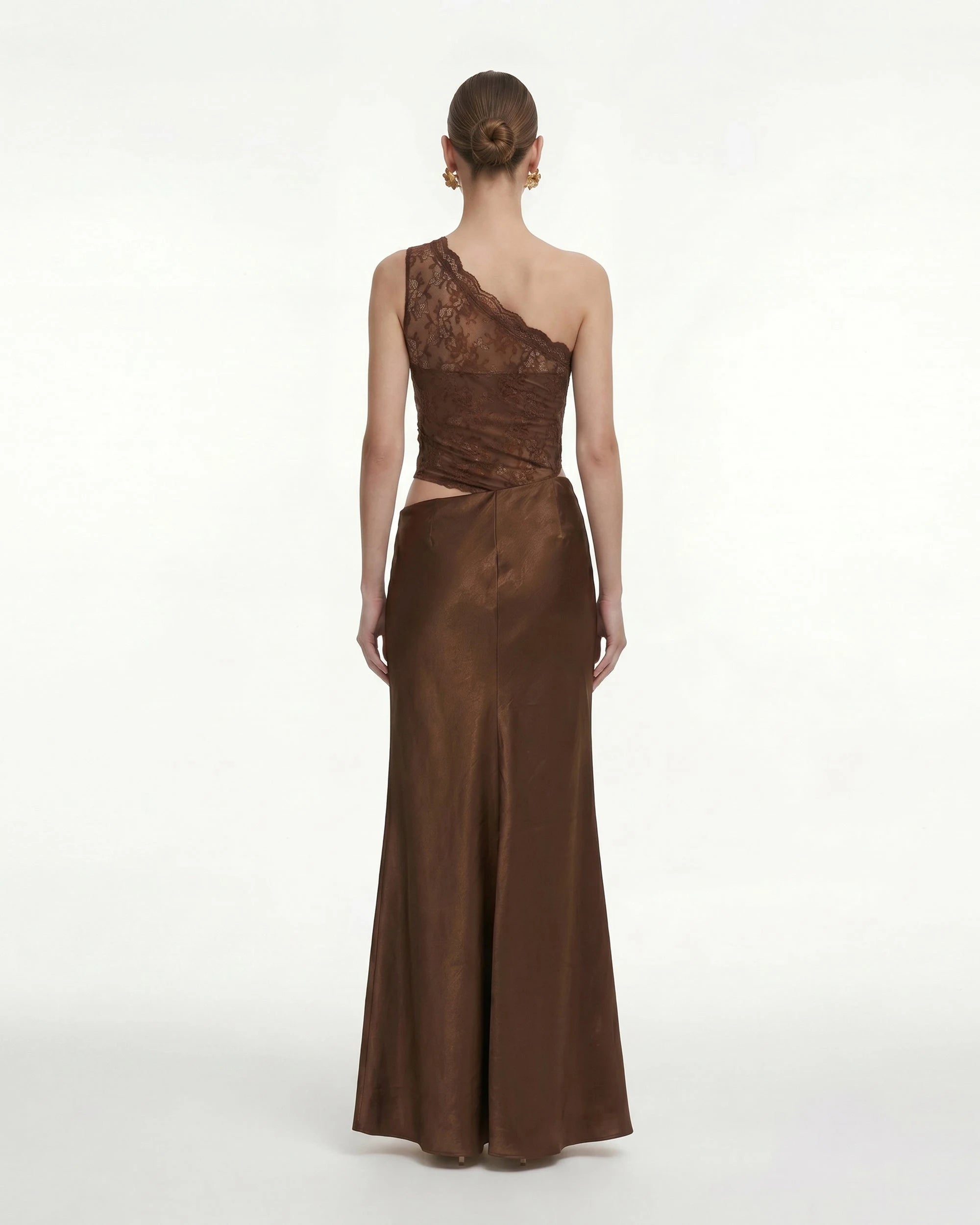 Elegant A-Line One-Shoulder Cutout Floral Brown Floor-Length Prom Dress Gown
