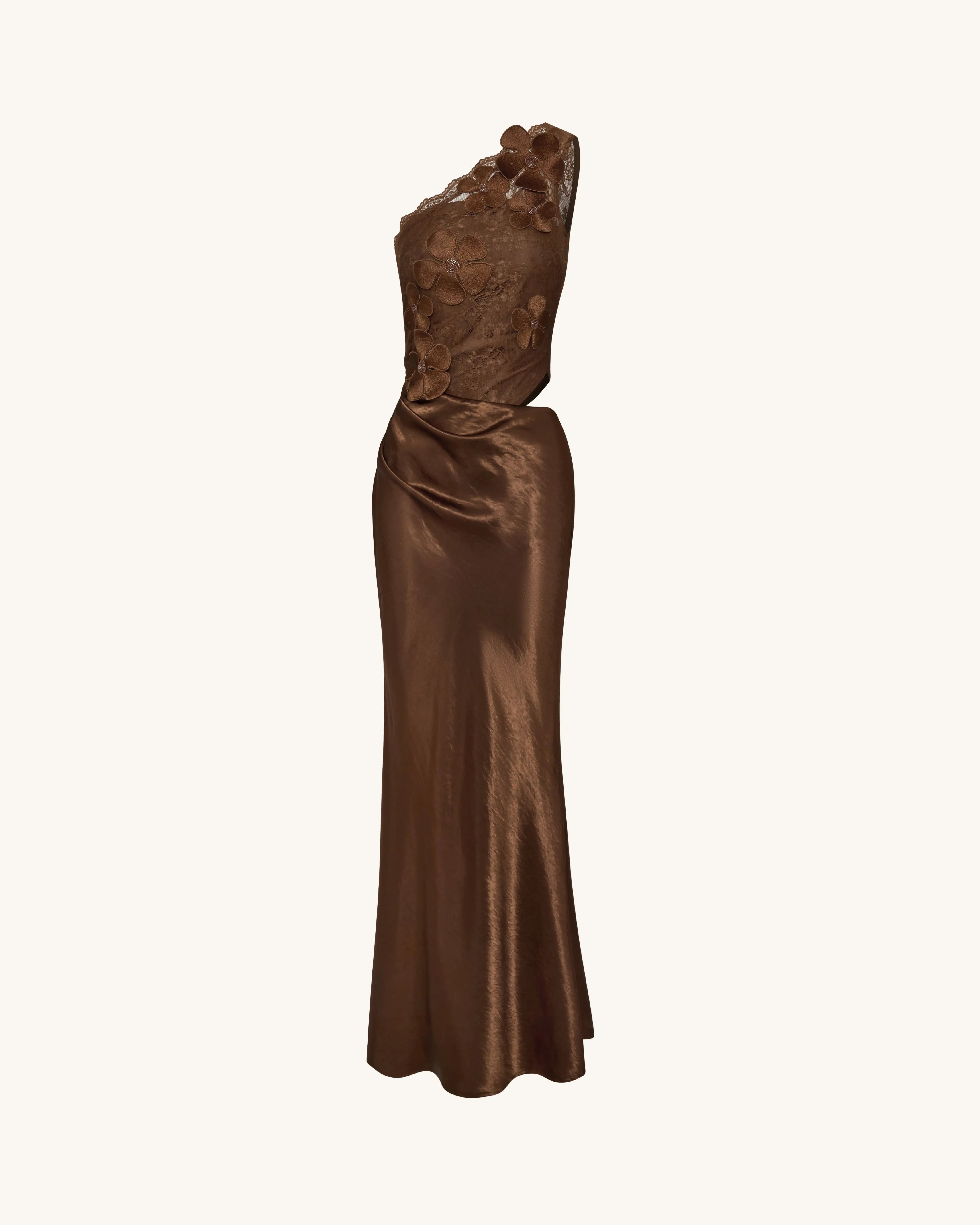 Elegant A-Line One-Shoulder Cutout Floral Brown Floor-Length Prom Dress Gown